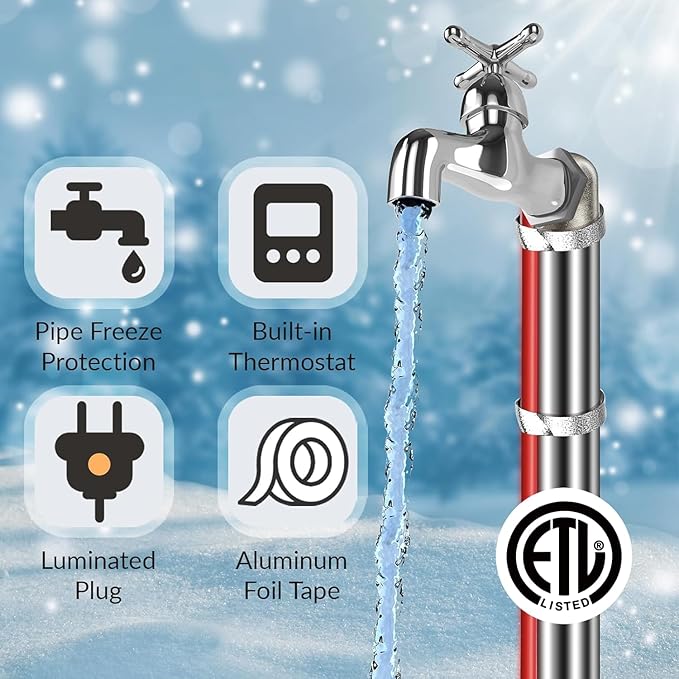 3 FT Heat Tape for Water Pipes Freeze Protection with Thermostat, Electric Heat Trace Pipe Heating Cable Energy-Saving 120V 7W/FT