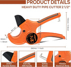 Kerry PVC Pipe Cutter with SK5 Blade, Outer Diameter Up to 2-1/2" Ratcheting Heavy-Duty PEX POLY PE PPR Plastic Hoses and Plumbing Tube Cutting Tool, Thicken Aluminum Body Efficient Extended Handle