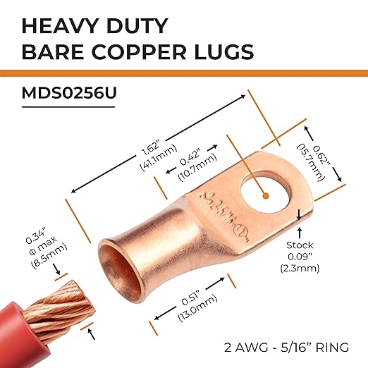 SELTERM 25pcs 2 AWG 5/16" Stud Battery Lugs, Ring Terminals, Heavy Duty Copper Wire Lugs, Battery Cable Ends, 2 Gauge Ring Terminal Connectors, UL Bare Copper Eyelets Electrical Battery Cable Lugs