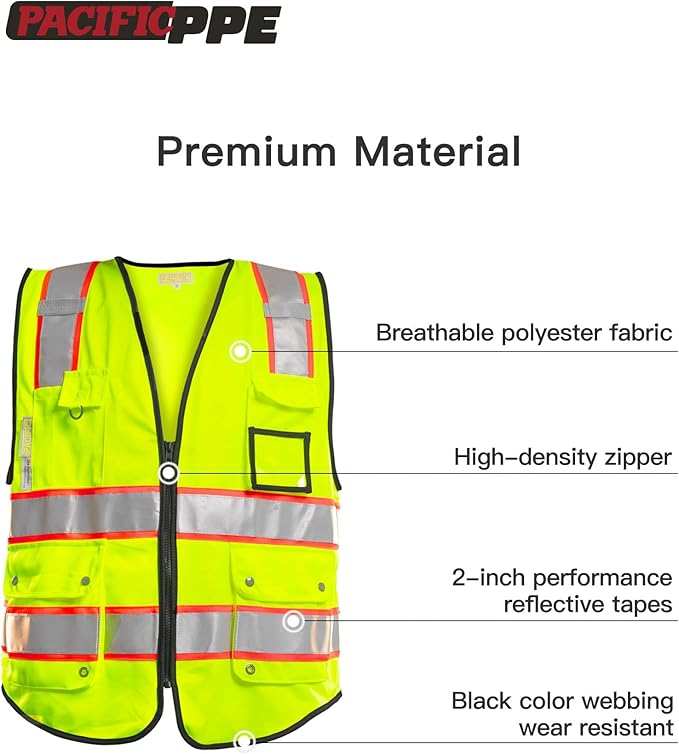 PACIFIC 10 Pockets Class 2 Safety Vest for Men, 3M High Visibility Reflective Strips, Meets ANSI/ISEA Standard, Yellow, Medium