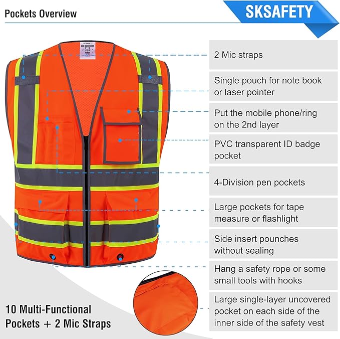 SKSAFETY 10 Pockets Safety Vest, Class 2 High Visibility Security with Zipper Back Mesh, Hi Vis Vest with Reflective Strips, ANSI/ISEA Standard, Construction Work Vest for Men ＆ Women （Orange, 2XL）