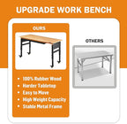 60" Adjustable Workbench for Garage, Rubber Wood Shop Table W/Wheels & Double Pegboards & Drawer, 2000 LBS Load Capacity Hardwood Worktable for Workshop, Garage, Office, Home, Commercial