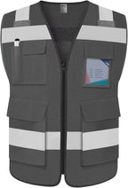 TCCFCCT Mesh High Visibility Vest 5 Pockets Reflective Safety Work Vest for Men Women, Hi Vis Construction Vest with Horizontal Strip for Walkie-talkie, Meets ANSI/ISEA Standards, Grey, L