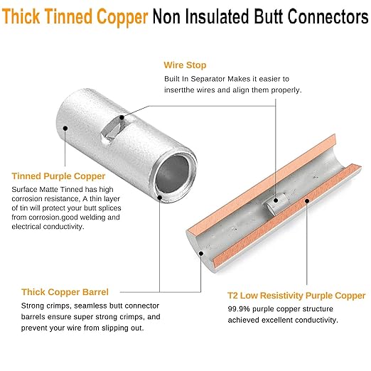 SVAAR 100PCS 26-22 Gauge Non Insulated Butt Connectors 26-22 AWG Uninsulated Butt Splice Connectors Crimp Repair Butt Splices Kit Tinned Copper Marine Grade Seamless Barrel Crimp Butt Splice Terminals