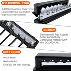 600 A High Current Copper Bus Bar 300V AC / 48V DC 8 Way 3/8 inch (M10) Studs 8#8-32 Screws Electrical Terminal Ground Distribution Block Battery Buss Bars with Cover (Black)