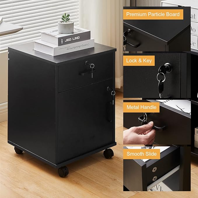 CLIPOP Rolling Storage Cabinet with Drawer, Home Office Cabinet with Lock, Under Desk Storage Cabinet for Home Office, Black