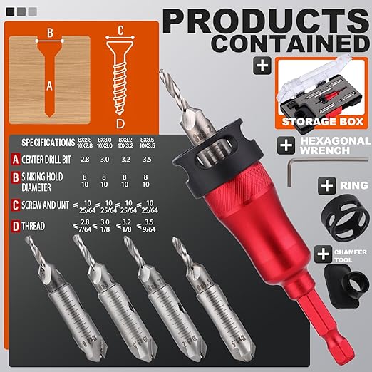 Metal Countersink Drill Bit Set 9-in-1 with Depth Stop, 4 Reversible Heads & Vertical Pilot Adjustable - Hex Shank for Hardened Steel/Woodworking, Hex Key & Chamfer Tool Includ