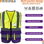 6XL 8XLHigh Visibility REFLECTIVE Safety Vest with 4 Reflective Strips 7 Pockets Yellow&Purple