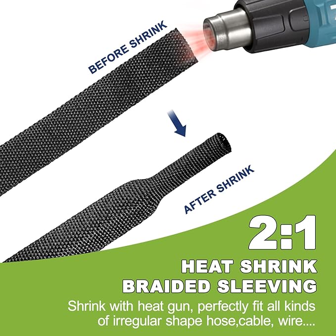 2:1Heat Shrink Wire Loom Braided Cable Sleeves,Heat Resistant Fabric Woven Shrink Tubing Wiring Harness for Protection Automotive,Harness Cable,Cable Management (3/8"-25ft)