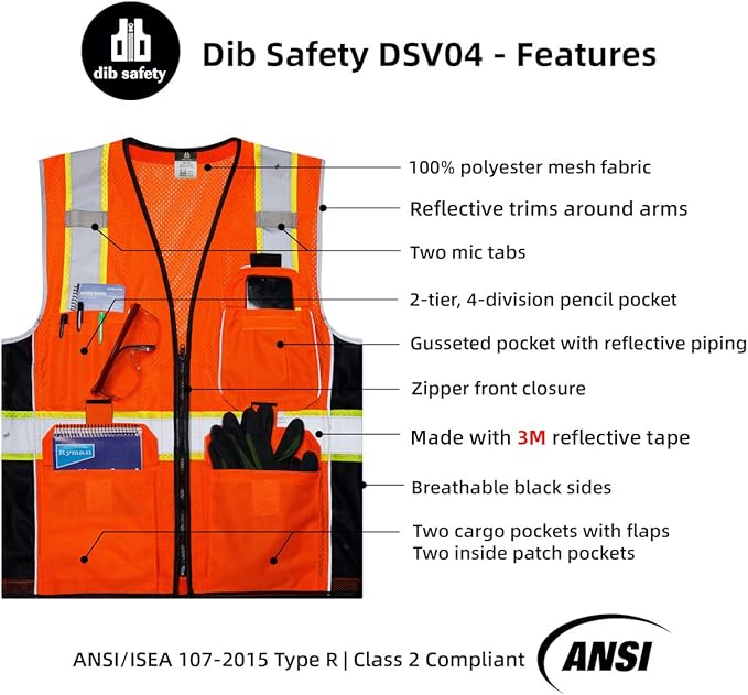 Dib Safety Vest Reflective Orange Mesh, High Visibility Vest with Pockets and Zipper, Heavy Duty Vest Made with 3M Reflective Tape 3XL