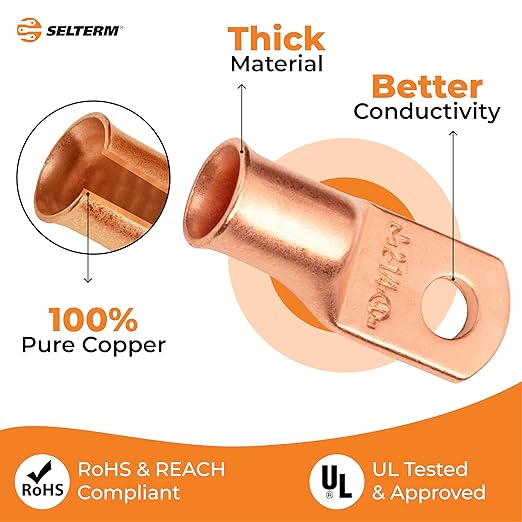 SELTERM 2pcs 2 AWG 1/4" Stud Copper Wire Lugs, Battery Lugs, Ring Terminals, Battery Cable Ends, 2 Gauge Ring Terminal Connectors, UL Heavy Duty Bare Copper Eyelets Battery Terminal Connectors
