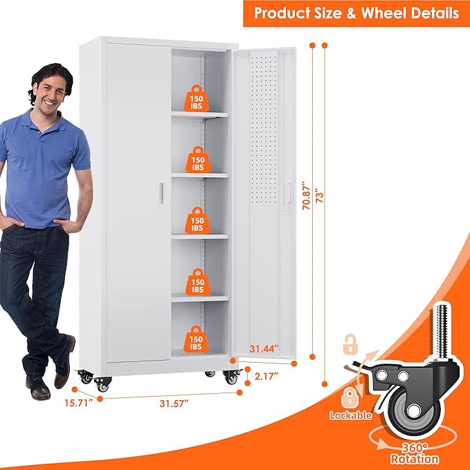 73''H Metal Garage Storage Cabinet with Pegboard, Rolling Tool Cabinets on Wheels,Steel Locker for Garage Office School Home Warehouse Utility Room, Assembly Require,White