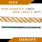 Jute Rope 1 Inch x 10 Ft, IMROPE Natural Jute Rope Twisted 4 Strands for DIY Arts Crafts, Garden, Home Decorating, Hammock