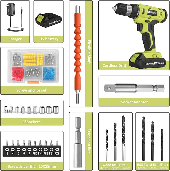 Cordless Drill Set, 20V Electric Power Drill with Battery And Charger, Torque 30N, 21+1 Torque Setting, 3/8-Inch Keyless Chuck, Drill Driver Bits Kit, with LED Electric Drill Set. （green)