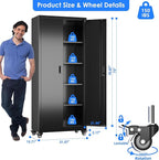 Metal Storage Cabinet with Wheels, Pegboard and 4 Hooks, 73" H Garage Storage Cabinet with 4 Adjustable Shelves and 2 Lockable Doors for Garage Home Office Warehouse, Black, Assembly Required