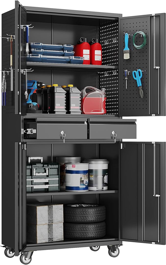71" H Metal Garage Storage Cabinet with Wheels and Doors,Rolling Tool Cabinet with Pegboard and 2 Lockable Drawer for Garage Warehouse Home,Required Assembly,Black