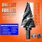 Four Spiral Flute Step Drill Bit for Metal,M35 Cobalt Unibit Step Drill Bit Set 1/4" - 1-1/8"(15 Sizes),Wear-Resistant AlTiN Coated,3/8" Hex Shank for Metal, Stainless Steel, Aluminum, Plastic