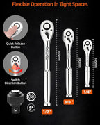 201-Piece Mechanics Tools Set, SAE & Metric Impact Socket Set, 1/2'', 1/4'', 3/8'' Drive, with Ratchet Wrench & Extension, Premium CRV Alloy Steel, with Molded Case