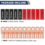 haisstronica 10pcs 2 AWG - 1/4" (M6) Battery Cable Lugs, Heavy Duty Copper Wire Lugs with 10pcs 3:1 Adhesive Heat Shrink Tubing, 2 Gauge Wire Connectors Battery Terminal Connector, Battery Cable Ends