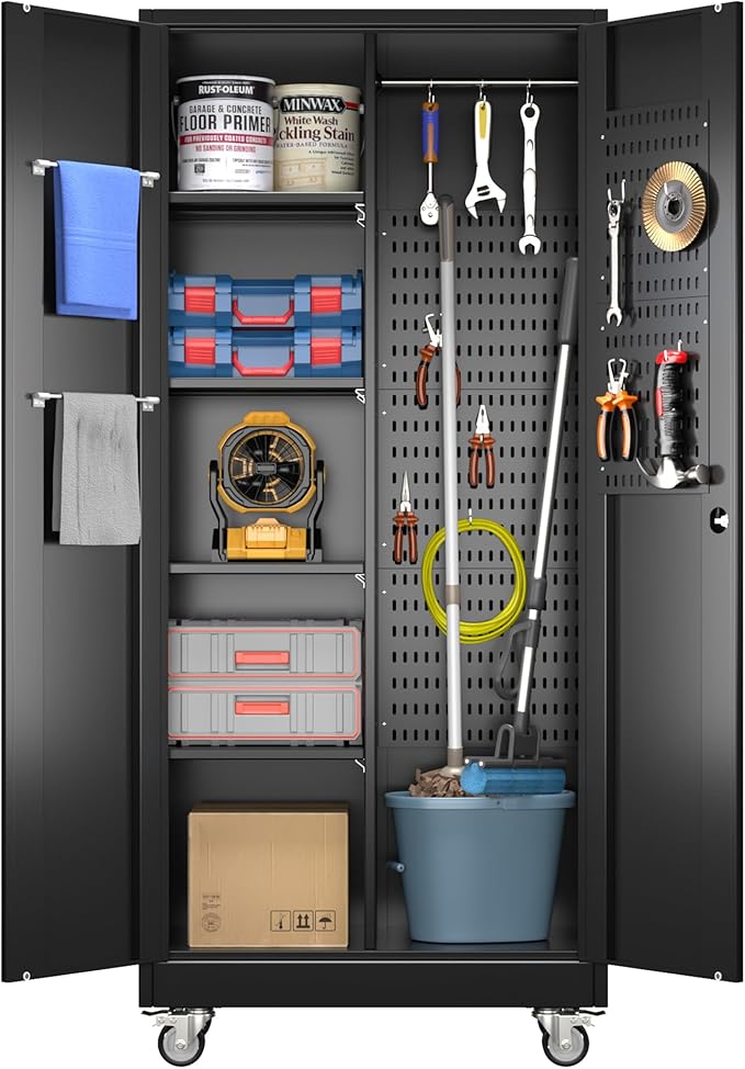 71" H Broom Closet Storage Cabinet with Wheels,Rolling Tool Cabinet with Lockable and Magnetic Doors,Adjustable Shelves and Pegboard for Garage Warehouse Home,Required Assembly,Black