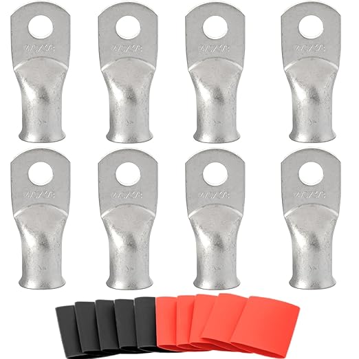0000 Gauge Tinned Copper Cable Lugs 8 PCS 4/0 AWG-3/8(M10) Ring Terminal Heavy Duty Wire Lugs Battery Lugs, 8 PCS 4/0 Guage terminals Battery Cable Ends Connectors with 8 PCS 3:1 Heat Shrink Tube