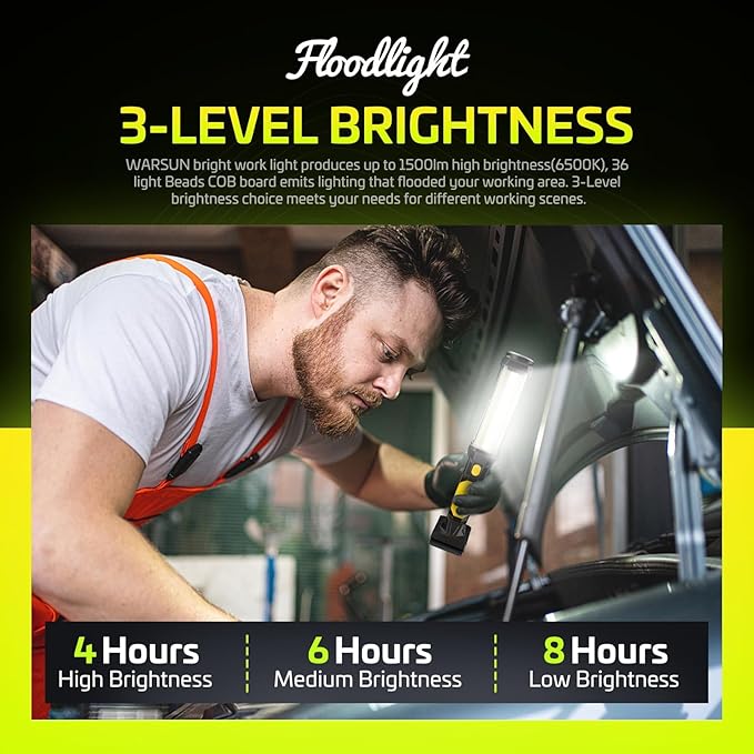 WARSUN 2PC Rechargeable 1500LM COB LED Work Light - Magnetic Hands-Free Trouble Light with Hook, IPX4 Waterproof for Garage Repair, Emergency | Tool Gifts for Men (Yellow)