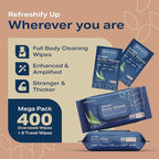 Extra large Shower Body Wipes for Adults 8" x 12" (400 count) + 8 Travel Packs | Adult Wipes for Elderly, Bathing No Rinse, Vitamin E, 8 Packs of 50