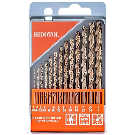 13 PCS Cobalt Drill Bit Set M35 HSS Twist Drill Bits 1/16"-1/4" for Hardened Metal, Stainless Steel, Cast Iron, Plastic and Wood