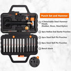 Pridefend Punch Set, Roll Pin Punch Set Made of Solid Metal Material,Elite Tool Including Steel Pin Punch Set, Roll Pin Starter Punch and Hammer,with Organizer Storage Box (with Bench Block)
