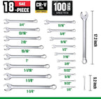 SK Combination Wrench Set, SAE 1/4" to 1-1/4", 18-Piece, SuperKrome Finish, Premium CR-V Construction, with Rolling Pouch