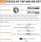 110PCS Tap and Die Set Bearing Steel Rethreading Tool Kit SAE and Metric Size M2 to M18 UNC UNF NPT Repair Tools with Complete Accessories and Storage Case for Cutting External Internal Threads