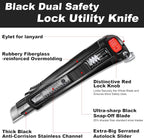 HAUTMEC 25mm Extra Heavy Duty Utility Knife with Double Lock Mechanism, Auto-Lock and Ratchet- Lock for Double Safety, SK2 Sharp Black Blade for Industrial or Construction Applications HT0254-KN