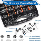 smseace 1001Pcs Pop Rivet Gun Kit Black Pop Rivets, Large Flange Rivets, Washers and Rivets Gun Tool Packed in Portable Toolbox with Color Label for Metal, Furniture, Automotive, Instruments