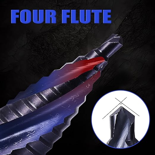 Four Spiral Flute Cobalt Step Drill Bit,1/8"-1/2" M35 Cobalt Step Drill Bit Wear-Resistant AlTiN Coated, 1/4" Hex Shank for Hole Drilling in Stainless Steel, Copper, Aluminum, Wood, Plastic