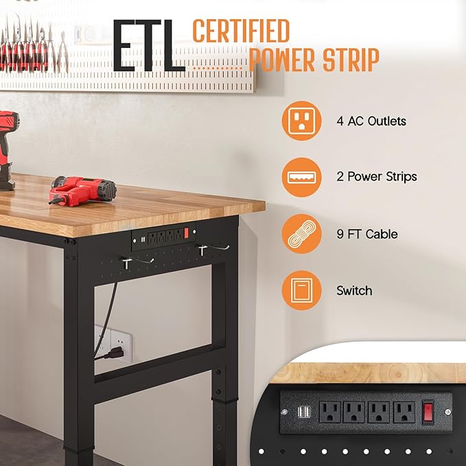 Albott 56"x48" L-Shaped Adjustable Workbench with Storage & Power Strip, Heavy Duty Tool Bench for Woodworking, Garage, Workshop, Home Office, 6000LBS Load, Pegboard & Hooks, ETL Certified