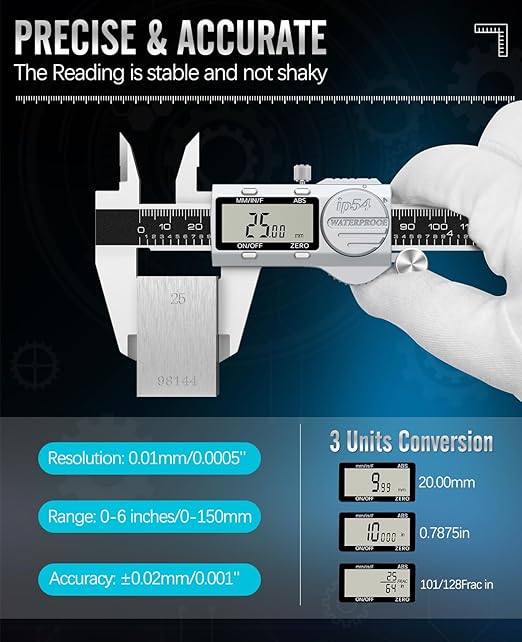 Digital Caliper, (ABS) Absolute Scale Caliper 8in, IP54 Electronic Measuring Tool, Inch/MM/Fraction, Auto-Off LCD Stainless Steel Waterproof Micrometer Vernier Caliper, with Feeler Gauges