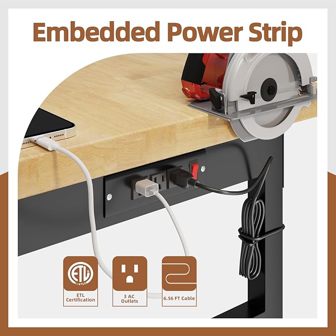 48" Adjustable Workbench, Work Bench Table with Wheels and Power Outlet, Rolling Workbench with Drawers, Large Load Capacity Garage Workbench for Workshop,Office,Home