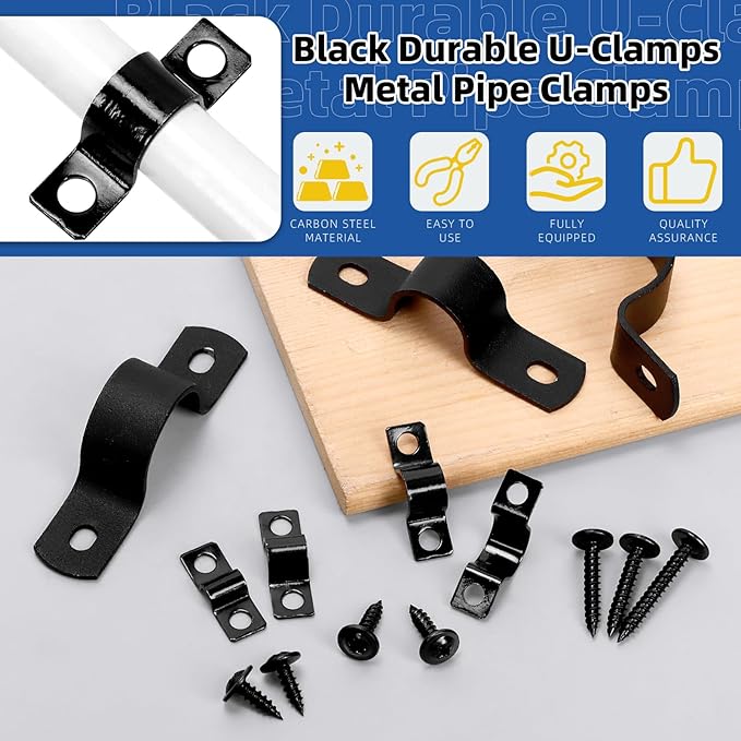 Glarks 75pcs 12mm Pipe Strap Clamp, Black Carbon Steel 2 Hole Strap Heavy Duty Rigid Pipe Strap U Bracket Tube Strap Cable Clamp Hanger Tension Tube Clip with Screw for Pipe Tube Cable Fixing