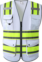 JKSafety 9 Pockets High Visibility Zipper Front Safety Vest | White with Dual Tone High Reflective Strips | Meets ANSI/ISEA Standards (901-White, X-Large)