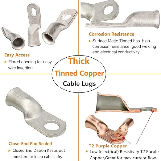 Tinned Copper Lugs 2 4 6 Gauge Battery Cable Ends Kit 72pcs,2 AWG 4 AWG 6 AWG Cable Lugs with 5/16" and 3/8"Ring Terminal Marine Grade Battery Terminal Connectors Crimp Wire lugs with Heat Shrink Tube