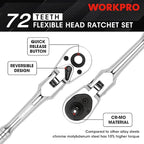 WORKPRO 4-Piece Flex Head Ratchet Set, 1/4", 3/8", 1/2" Drive, 3/8" Stubby, 72-Tooth Ratchet with Chromium Plating Quick Release Reversible Design, 5 Degree Swing