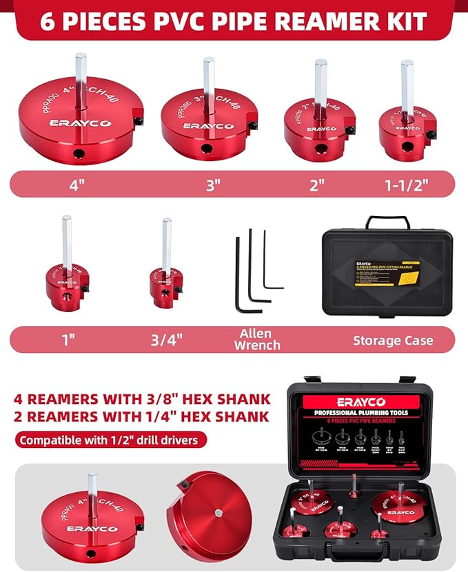 ERAYCO 6PCS PVC Pipe Reamer Kit, Plastic Pipe Fitting Reamer Tool, Fit into Standard 1/2" Drills, PVC Fitting Saver for SCH40 PVC CPVC ABS Pipe (3/4'', 1'', 1-1/2'', 2'', 3'', 4'')