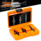 THINKWORK Four Spiral Flute Step Drill Bit Set, 3 Pcs HSS Step Drill Bits (1/8"-7/8") Unibit Step Drill Bit with Tool Box, 1/4" Shank Step Bits for Aluminum, Wood, Plastic, Metal