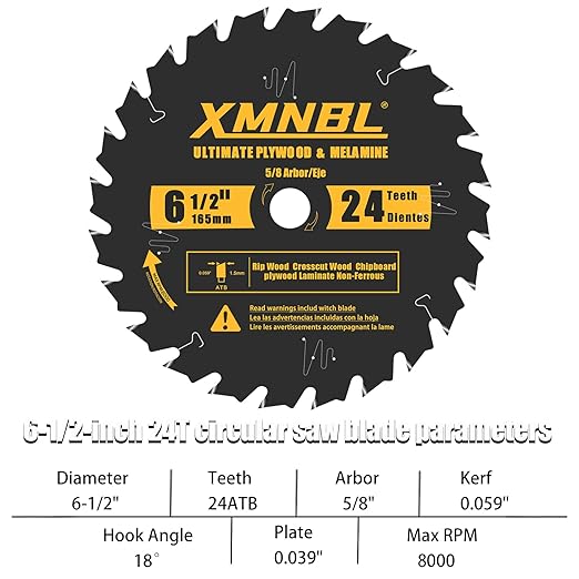 6-1/2 Inch Circular Saw Blade 24 Teeth,6-1/2 Saw Frame Ultra Fine Finish Circular Saw Blade,Compatible with for DEWALT,Makita,Skil Circular Saw,for Cutting Lumber,Plywood Material,5/8 Inch Arbor