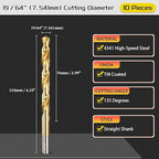 Drill Bit, 19/64" Cutting Diameter, 4341 HSS TiN Coated 135° Cutting Angle Jobber Bits - (Applications: for Drilling Soft Metal Plastic Wood), 10-Pieces
