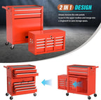 8-Drawer Rolling Tool Chest with Wheels, 2-in-1 Detachable Tool Box with Drawers and Large Cabinet, Rolling Tool Chest Storage Cabinet with Lockable for Warehouse, Garage, Workshop (Red)
