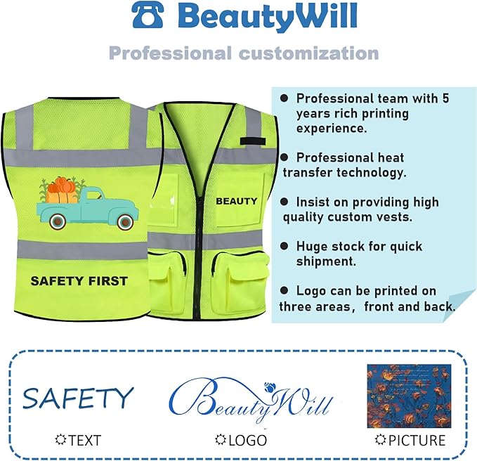 BeautyWill Custom Logo 10/20 Pack Safety Vest Class2 High Visibility Vest with Pockets Breathable Construction Vest Bulk
