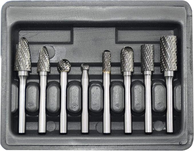 Carbide Burr Set 8pcs with 1/4''Shank Double Cut Solid Power Tools Tungsten Carbide Rotary Files Bits for Die Grinder Metal Wood Carving Engraving Polishing Drilling Grinding Milling Cutting