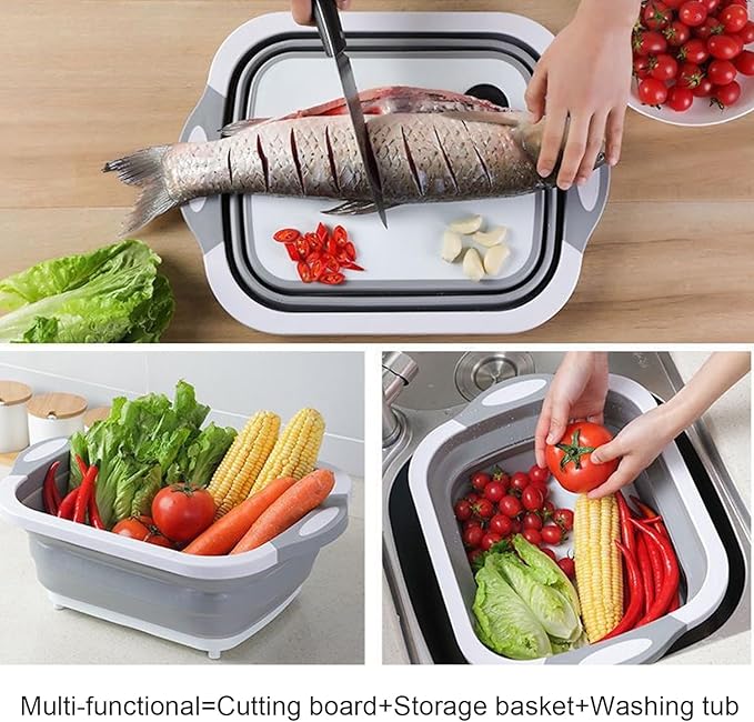Camping Collapsible Cutting Board Dish Basin BBQ Prep Tub Camp Sink Dish Washing Station Multifunctional Storage Basket(Grey green)