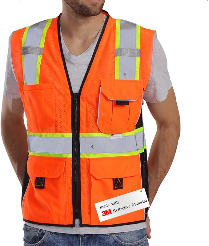 Dib Safety Vest Reflective Orange Mesh, High Visibility Vest with Pockets and Zipper, Heavy Duty Vest Made with 3M Reflective Tape XL